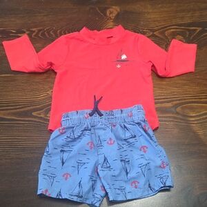Kids Coral Long-Sleeve Rash Guard with Sailboat Swim Shorts